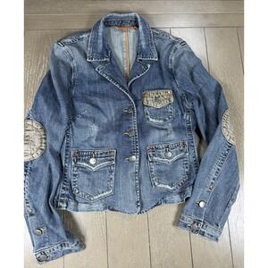 Y2K‎ Jeans Denim Jacket Womens Medium Blazer Style Distressed Elbow Patch Preppy